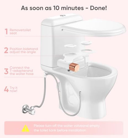 Ultra-Slim Bidet Attachment, Posterior&Feminine Wash-(Retractable Dual Nozzles), Non-Electric Bidet Attachment for Toilet Seat, Adjustable Fresh Cold Water Pressure, Stainless Steel Inlet (Rose Gold)