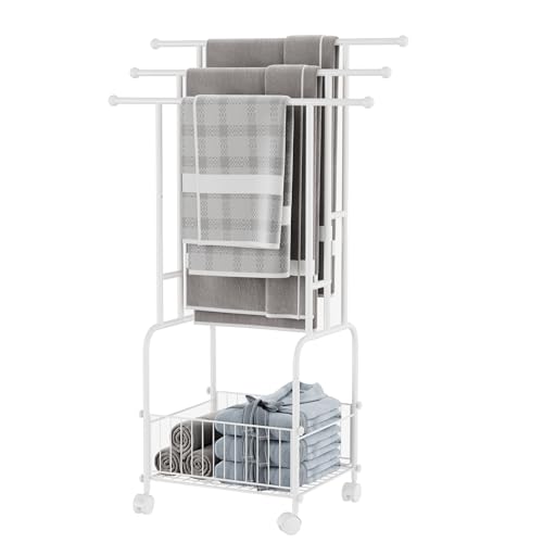 3 Tier FreeStanding Towel Rack with Wheels and Storage Basket | 42.5" H White Metal Towel Drying Rack Outdoor, Pool Towel Stand Display for bathrooms, laundry rooms and pool areas