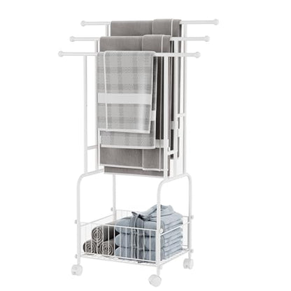 3 Tier FreeStanding Towel Rack with Wheels and Storage Basket | 42.5" H White Metal Towel Drying Rack Outdoor, Pool Towel Stand Display for bathrooms, laundry rooms and pool areas
