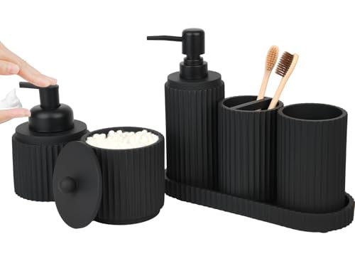Black Bathroom Accessories Set 6 Pcs - Toothbrush Holder,Lotion Soap Dispenser,Foaming Soap Dispenser,Qtip Holder Dispensers,Vanity Tray,Bathroom Tumbler - Countertop Organizer-Bathroom Accessory Set - color: Matte Black