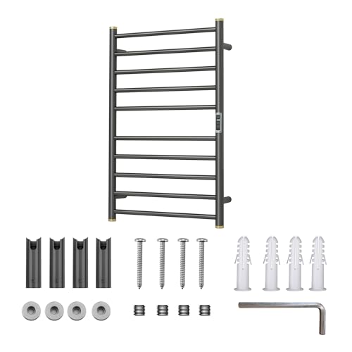 Electric Towel Warmer Rack,Heating Towel Warmer,Timer & Temperature Control,Wall-Mounted Plug-in for Bathroom,Brushed Gungrey,Stainless Steel,10-Bar(31.5x20.08x4.41in) - color: Round-matte Gungrey With Gold Top, size: 10 Bars