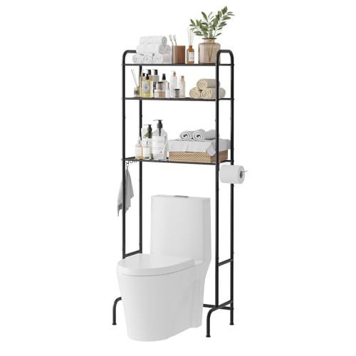 STDDRE 3-Tier Over The Toilet Storage Space Saver with Paper Holder Freestanding Rack Metal Bathroom Shelves with Hooks Above The Toilet Storage Shelf (Black, 3 Tier) - color: Black