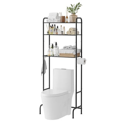 STDDRE 3-Tier Over The Toilet Storage Space Saver with Paper Holder Freestanding Rack Metal Bathroom Shelves with Hooks Above The Toilet Storage Shelf (Black, 3 Tier) - color: Black