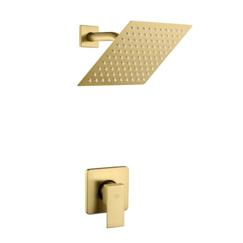 Shower Faucet Set Brushed Gold Bathroom Rainfall 8 Inch Shower Head System, Single Handle Shower Trim Kit with Rough-in Valve - color: Brushed Gold, size: 8 Inch (Wall Mount)