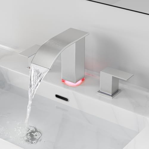 RUMOSE LED Bathroom Faucets Set 3 Hole Vanity Faucet with Pop Up Drain | Brushed Nickel Bathroom Sink Faucet, Widespread Waterfall, 3 Colors Light Changing, Stainless Steel, Deck Mounted - color: Brushed Nickel