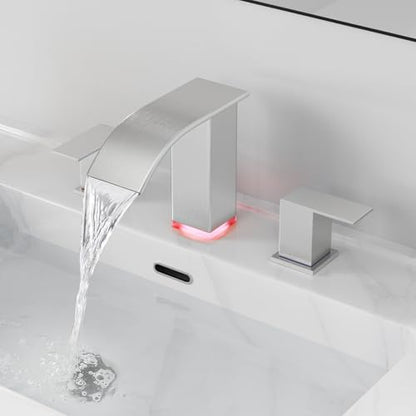 RUMOSE LED Bathroom Faucets Set 3 Hole Vanity Faucet with Pop Up Drain | Brushed Nickel Bathroom Sink Faucet, Widespread Waterfall, 3 Colors Light Changing, Stainless Steel, Deck Mounted - color: Brushed Nickel