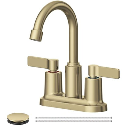 Brushed Gold Bathroom Sink Faucet 3 Hole 4 Inch Centerset Bathroom Faucets | Faucet for Bathroom Sink with Pop Up Drain and 2 Supply Hoses 2 Handle Bathroom Faucet for Sink Vanity RV Evolvegoods - color: Brushed Gold