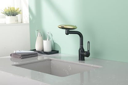 Single Hole Rotatable Bathroom Sink Faucet Black and Gold - 4 Water Modes Multifunctional Faucet with 360° Swivel, Extended Spout & Fountain Mode - color: Black and Gold
