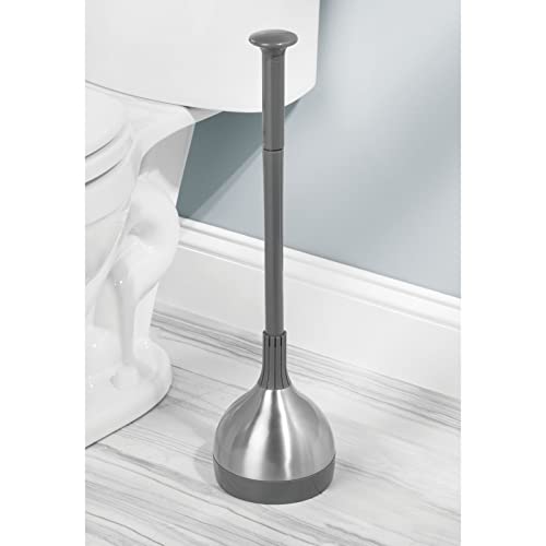 mDesign Bathroom Toilet Bowl Plunger Set with Lift & Lock Cover, Compact Discreet Freestanding Storage Caddy with Base, Modern Design - Heavy Duty Gray/Brushed Stainless Steel