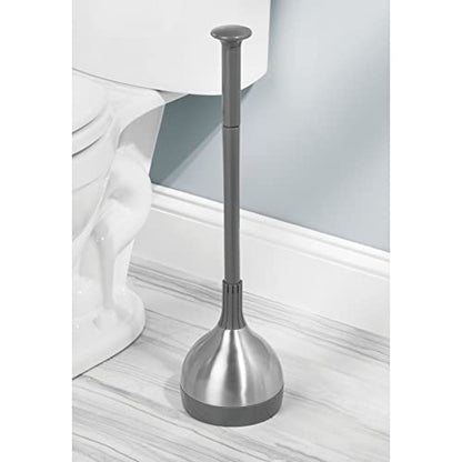 mDesign Bathroom Toilet Bowl Plunger Set with Lift & Lock Cover, Compact Discreet Freestanding Storage Caddy with Base, Modern Design - Heavy Duty Gray/Brushed Stainless Steel