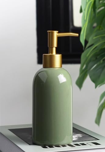 Ceramic Soap Dispenser Green with Gold Pump,Simple Design Cylindrical Lotion Dispenser Bottle,Refillable Liquid Hand Soap Dispenser for Kitchen,Bathroom,Washroom - color: Green（a）