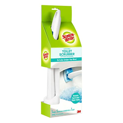 Scotch-Brite Disposable Toilet Scrubber Starter Kit, 5 Pack | Disposable Refills with Built-In Bleach Alternative, Includes 1 Handle, Storage Caddy and 5 Refills
