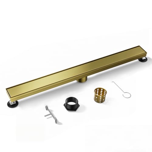 Linear Shower Drain 54inch，Gold 304 Stainless Steel Tile Insert Cover & Adjustable Leveling Feet Shower Floor Drain with Hair Catcher Fits Balcony Bathroom - color: Brushed Gold, size: 54inch