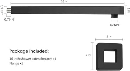 16 Inch Shower Head Extension Arm with Flange, Shower Rod, Black | Square Straight Rain Showerhead Extended Arms, Shower Pipe Extender Arm Replacement, Wall Mounted, SUS304 Stainless Steel - color: Black