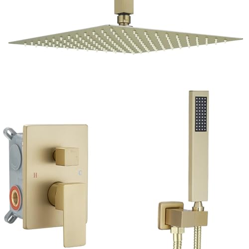 Brushed Gold Shower System Bathroom 16 Inch Rain Shower Head Ceiling Mount with Handheld Luxury High Pressure Shower Combo Set Shower Faucet Rough-in Valve Body and Trim Kit - color: Brushed Gold, size: 16 Inch