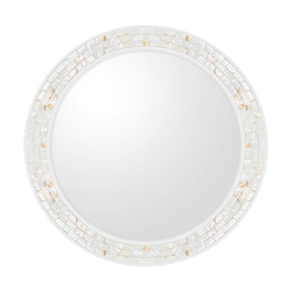 White Round Bathroom Wall Mirror 36 Inch | Natural Mother of Pearl Frame, Tempered Glass, Coastal Beachy Decor for Bedroom, Living Room, Entryway - size: 36"L x 36"W