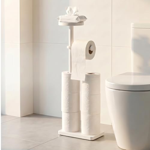 Toilet Paper Holders Free Standing, Holds up to 7 Rolls Toilet Paper Stand with Storage, Bathroom Toilet Paper Organizer with Top Shelf for Small Items, 1-Min Rotating-Lock Assembly, White,L - color: White