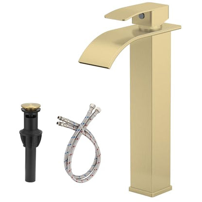 Brushed Gold Bathroom Vessel Sink Faucet Modern Waterfall Vessel Faucet | Stainless Steel Tall 1 Hole Single Handle Vanity Lavatory Modern Commercial Mixer Tap With Pop Up Drain by BATHLAVISH - color: Brushed Gold, size: Modern Vessel Sink Faucet