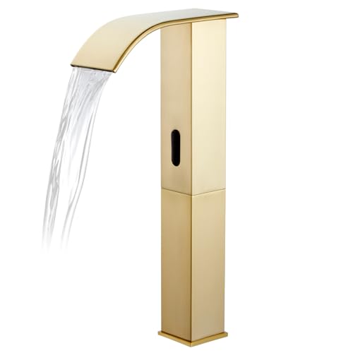 Touchless Bathroom Faucet, Automatic Sensor Bathroom Sink Tall Body Gold Faucet with Control Box, Modern Waterfall Stainless Steel Vanity Tap Single Hole and Temperature Mixer - color: Gold, size: Tall Waterfall