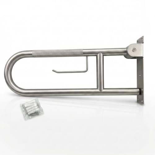 Flip Up Grab Bar, Fold Down Stainless Steel Handicap Grab Bars for Toilet with Knurled Surface, Swing Up Toilet Rails, 90 Degree Bathroom Safety Frame for Seniors, Shower & Tile Wall