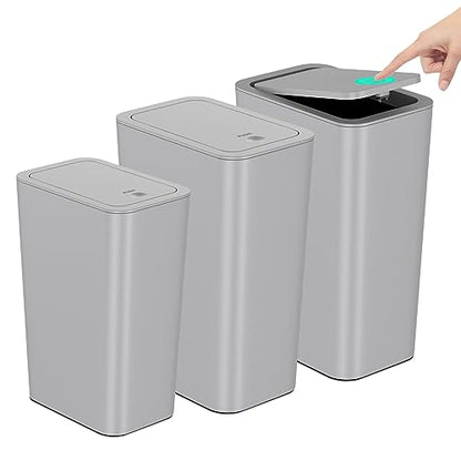 N. NETDOT Bathroom Trash Can with Lid 3 Pack Set, 2 Packs 4 Gal Slim Kitchen Trash Can and 1 Pack 2.6Gal Garbage Can, Small Trash Bin/Waste Basket for Bedroom (Grey, Pack of 3) - color: Gray, size: 2 X 4 Gal & 1 X 2.6 Gal