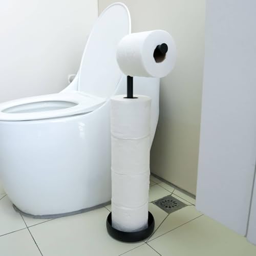 Toilet Paper Holder Stand with 5 Roll Storage Weighted Base (Matte Black) | freestanding tp holder | silicone non-slip base | large storage capacity | tidy organized bathroom | 2mm thickened steel - color: Matte Black