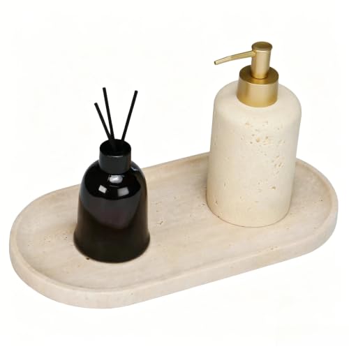Travertine Bathroom Vanity Tray, 12"x6" Decorative Marble Tray for Kitchen Countertop, Elegant Stone Catchall Organizer for Perfume, Jewelry and Soap - color: Beige Travertine