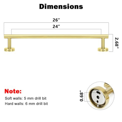 NearMoon Bath Towel Bar, Thicken Stainless Steel Shower Towel Rack Holder Wall Mounted for Bathroom, 26-lnch Overall Length-24-lnch Usable Hanging Space (1 Pack, Brushed Gold) - color: Brushed Gold, size: 26 Inch