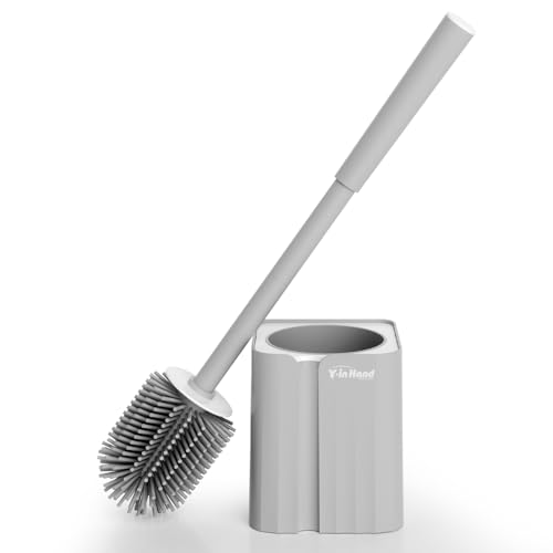 Y-in Hand Toilet Brush and Holder Set, Silicone Toilet Bowl Cleaner Brush Bristles, Bathroom and RV Cleaning Tools, Space Saving Toilet Scrubber, Wall Mountable. (Grey) - color: Grey Silicone