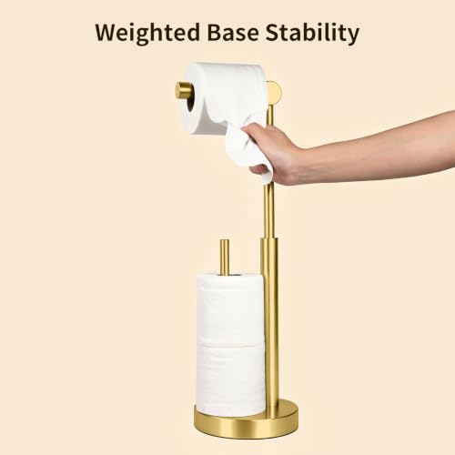 Toilet Paper Holder Stand with Storage & Weighted Base, Brushed Gold | Free Standing Stainless Steel Design with Open-Ring Arm for Easy Roll Replacement - color: Brushed Gold
