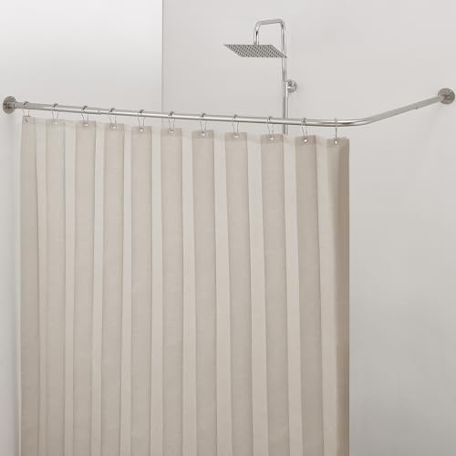 Corner Shower Curtain Rod, [24"-37"] x [24"-37"] Adjustable L Shaped No-Sagging 90 Degree Curved Curtain Rod for Bathroom with 12 Ring Hooks & Ceiling Support - Brushed Nickel - size: 24"-37" x 24"-37"