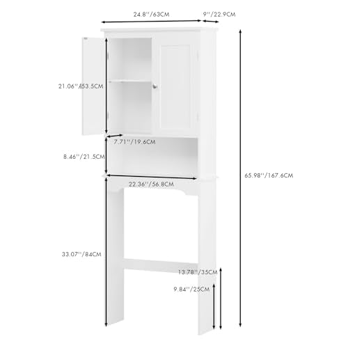 Over the Toilet Storage Cabinet with Double Doors, White Bathroom Storage Cabinets Above Toilet with Adjustable Shelf, Slim Narrow Toilet Rack for Bathroom, White (MDF)