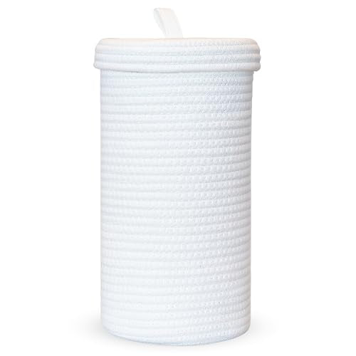 Toilet Paper Holder Handmade – Woven Cotton Toilet Paper Stand & Storage Basket with Lid, Freestanding Organizer for Bathroom, Fits 3 Mega Rolls Gradient Brown 14'' x 7'' - color: White