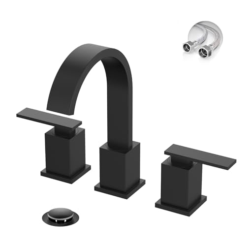 8 Inch Widespread Waterfall Matte Black Bathroom Faucet,3 Hole Vanity Faucet with Pop Up Drain and Water Supply Line, WF011-MB - color: Matte Black-8 IN