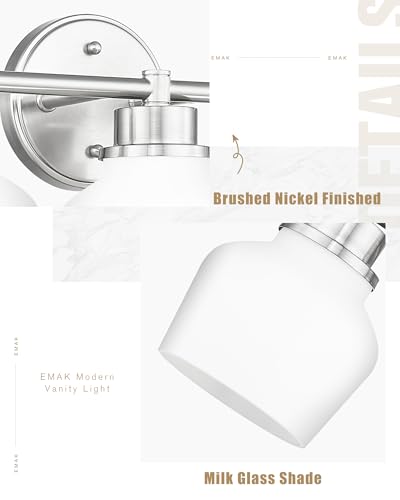 Emak Brushed Nickel Vanity Lights, Modern Milk Glass Bathroom Light Fixtures, 3-Light Bathroom Vanity Light Over Mirror, VL122-BN-ML-3 - color: Brushed Nickel & White Glass, size: 3 Light