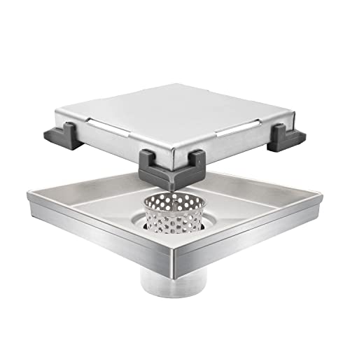 Micmi 6 Inch Shower Floor Drain with Adjustable Quadrato Pattern Grate, 304 Stainless Steel, Rubber Gasket, Hair Strainer (1 Pack, Brushed Nickel, 6 in Tiled) - size: 6 IN Tiled