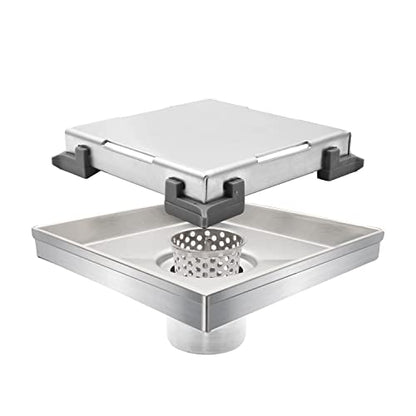 Micmi 6 Inch Shower Floor Drain with Adjustable Quadrato Pattern Grate, 304 Stainless Steel, Rubber Gasket, Hair Strainer (1 Pack, Brushed Nickel, 6 in Tiled) - size: 6 IN Tiled