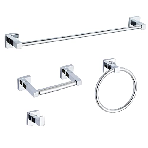 Chrome Bathroom Hardware Set 4 Pieces,Bathroom Accessories Set Stainless Steel Wall Mounted, Hand Towel Bar, Towel Ring, Robe Towel Hooks,Toilet Paper Holder,Towel Bar Set, 23.6 Inch - color: Chrome, size: 23.6Inch