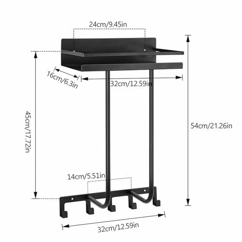 Wall Mounted Bathroom Towel Storage Rack with Shelf and 5 Hooks, Black | Holds 3 Large Towels, Stainless Steel, For Rolled Towels, For Bath Towels