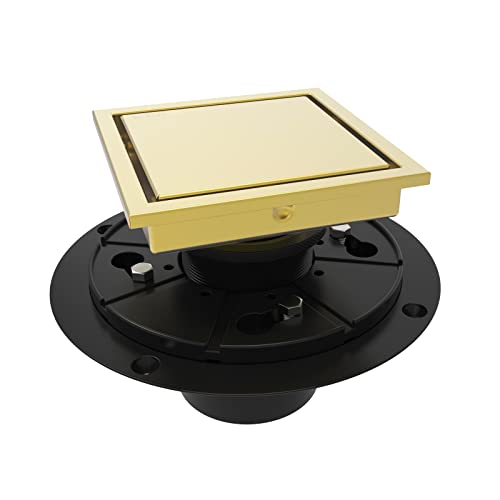 4 Inch Square Shower Drain Gold Floor Drain with Flange Reversible 2-in-1 Cover Tile Insert Grate Removable SUS304 Stainless Steel CUPC Certified Brushed Gold - color: Brushed Gold, size: 4 Inch