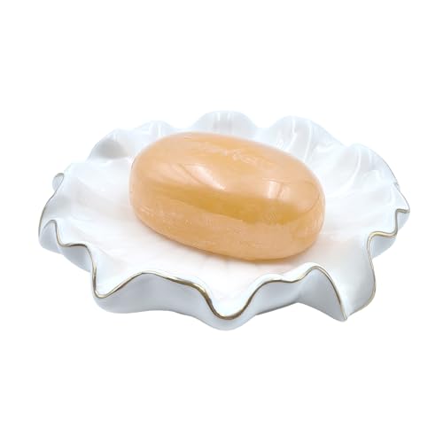 Ceramic Soap Dish Self-Draining Lotus Leaf Soap Holder Soap Saver for Bathroom,Kitchen,Sink,Bathtub(White) - color: White