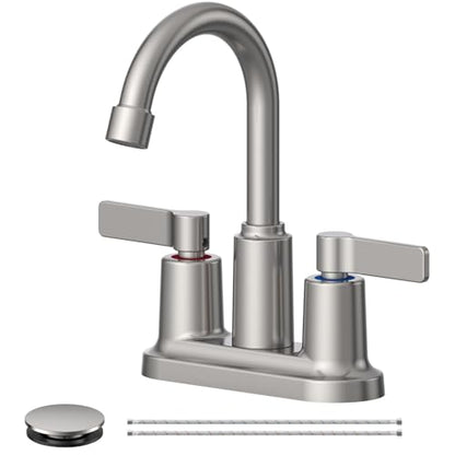 Brushed Nickel Bathroom Sink Faucet 3 Hole 4 Inch Centerset Bathroom Faucet | Faucet for Bathroom Sink with Pop Up Drain and 2 Supply Hoses 2 Handle Bathroom Faucets for Sink Vanity RV Evolvegoods - color: Brushed Nickel