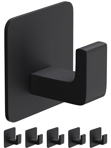 GWAAZXGZ Square Self Adhesive Towel Hooks - 6 Pack Matte Black Metal Hooks | Self-Adhesive, Durable Aluminum, Rust Resistant, Right-Angle Style, Easy Install, Space Saving - color: Black, size: 6 Pack
