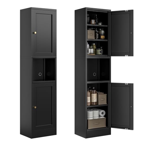 Bevivog Metal Bathroom Storage Cabinet Freestanding, 67" Tall Narrow Pantry Cabinet with Shelves for Kitchen, Skinny Metal Pantry with Hutch, 16" Wide Slim Cabinet for Small Spaces - color: Black, size: 67"H-2 door