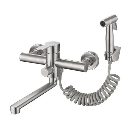 Wall Mount Kitchen Sink Faucets with Side Sprayer, Commercial Faucet, Nickel Brushed Unility Sink Faucet, Mixer Taps, 7.5-8.5 Inch Center, Spout Reach 9.2" - color: A Style, Nickel Brushed