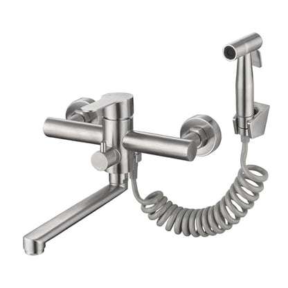 Wall Mount Kitchen Sink Faucets with Side Sprayer, Commercial Faucet, Nickel Brushed Unility Sink Faucet, Mixer Taps, 7.5-8.5 Inch Center, Spout Reach 9.2" - color: A Style, Nickel Brushed