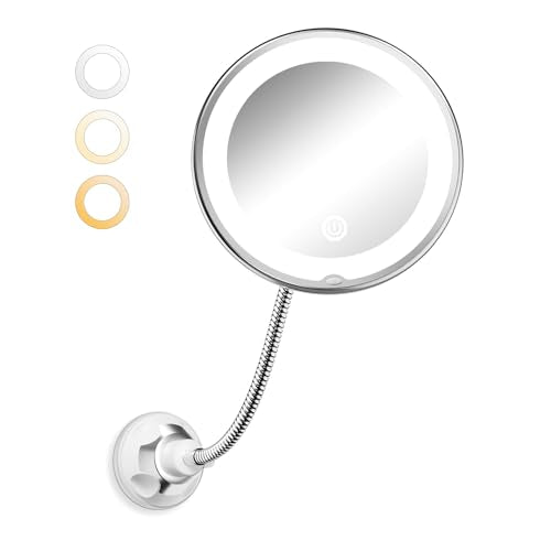 Brightown 10x Magnifying Mirror with Light,Flexible Gooseneck Make up Mirror with Lights and Magnification, Battery Operated with Suction Cups for Wall Bathroom Silver 3 Lighting | Wall-Mounted Lighted Vanity Makeup Mirror, Cordless Battery Operated LED M
