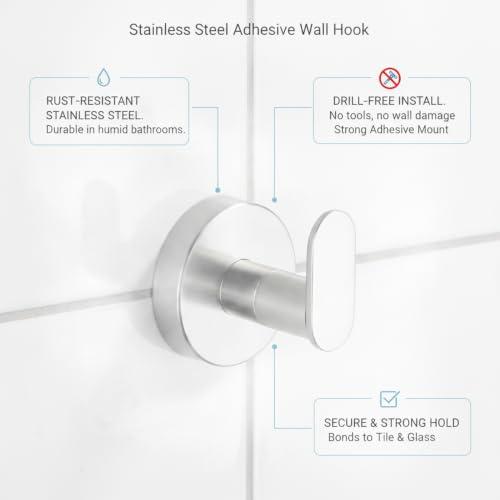 Wall Hook Stainless Steel Adhesive Mount for Bathroom Tile and Glass, Drill-Free Holder for Wet Towels and Robes (1 Piece) - size: 1.93 x 1.97 x 1.61 in