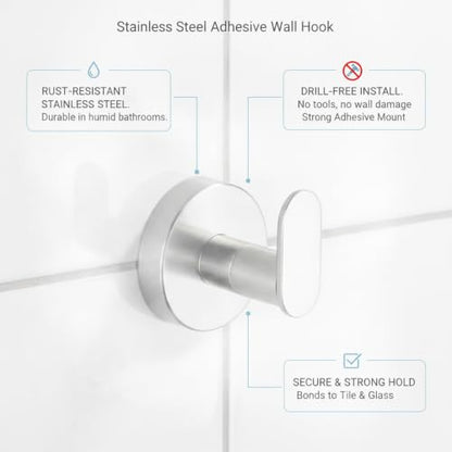 Wall Hook Stainless Steel Adhesive Mount for Bathroom Tile and Glass, Drill-Free Holder for Wet Towels and Robes (1 Piece) - size: 1.93 x 1.97 x 1.61 in