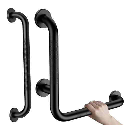 16 Inch L-Shaped Angled Shower Grab Bar w/Knurled Grip, Matte Black | with 16 Inch Straight Bathroom Balance Bar, Stainless Steel Anti Slip Safety Handle for Seniors Elderly Injury Handicap - color: Black, size: 16x16 Inch - Knurled Grip